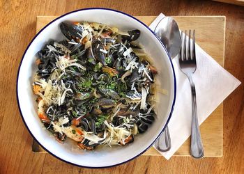 Directly above shot of food served on table