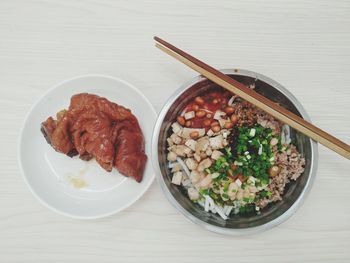 Directly above shot of meal served on table