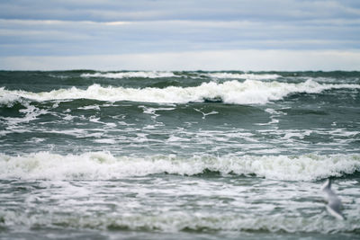 Scenic view of blue sea with bubbling and foaming waves and beautiful cloudy sky. baltic sea
