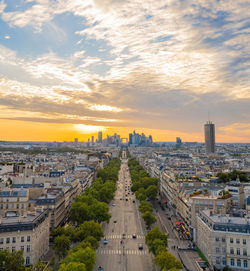 High angle view of cityscape against sky during sunset