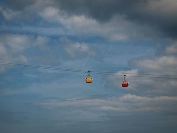 Low angle view of overhead cable cars against cloudy sky