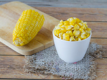 High angle view of yellow fruits in bowl on table