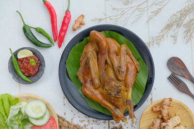 High angle view of food served on table