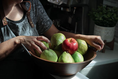 Midsection of woman holding fruits in bowl