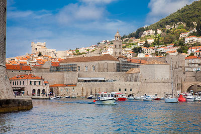 Dubrovnik city old port marina and fortifications