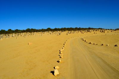 Panoramic view of desert against clear blue sky