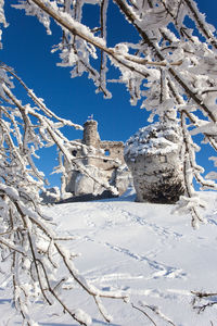 Low angle view of snow covered land against blue sky