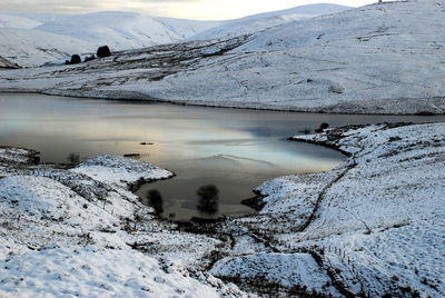 Scenic view of lake against sky during winter