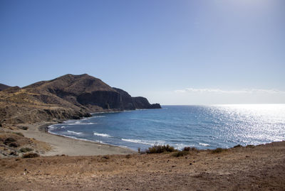 Scenic view of beach against clear blue sky