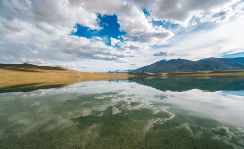 Scenic view of lake and mountains against sky