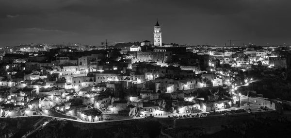 High angle view of illuminated buildings in city