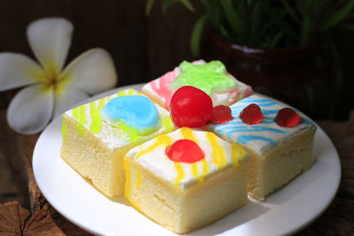 Close-up of cake served on table