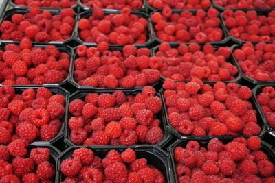 Full frame shot of raspberries for sale at market