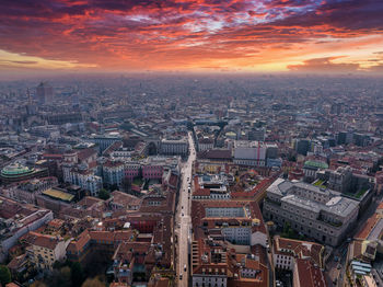 Aerial view of piazza duomo in front of the gothic cathedral in the center.