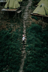 Rear view of man walking on field