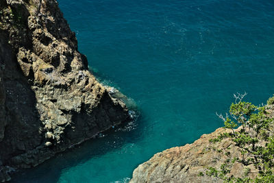 High angle view of rock formations by sea