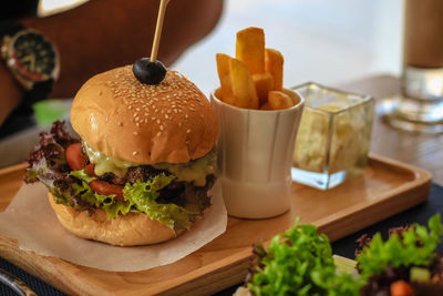 Close-up of burger in plate on table