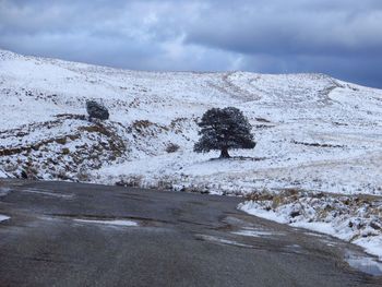 Scenic view of snow covered land against sky