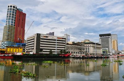 Buildings in city against cloudy sky