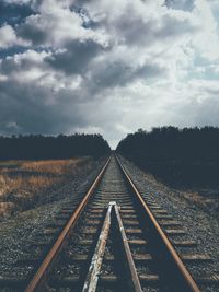 Railroad track on field against sky