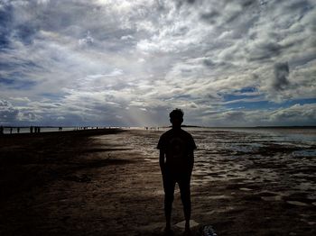 Rear view of man standing at beach against sky