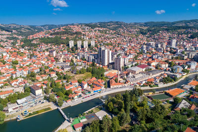 High angle view of townscape against sky