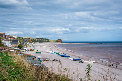 High angle view of beach by sea against sky