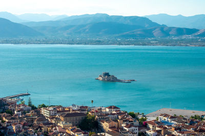 High angle view of city at waterfront