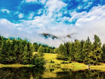 Scenic view of trees by lake against sky