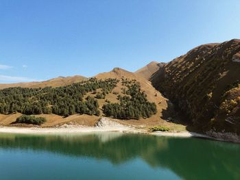 Scenic view of lake and mountains against clear blue sky