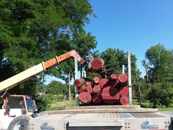 Red construction site against clear sky