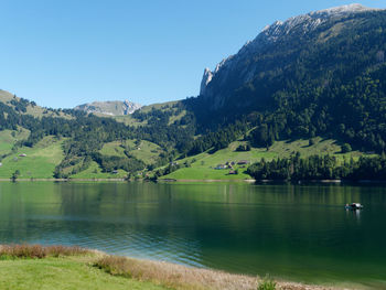 Scenic view of lake and mountains against clear sky