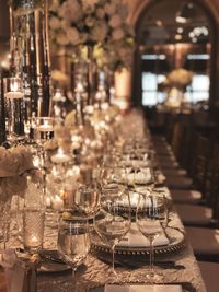 High angle view of wine glass on table at wedding