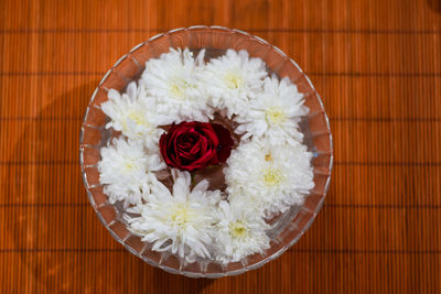 High angle view of white flower bouquet
