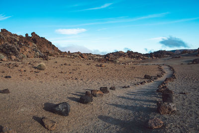 Panoramic view of rocks on land against sky