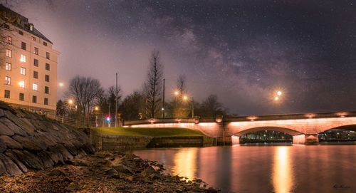 Reflection of illuminated trees in water