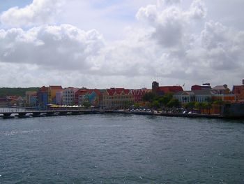 River by cityscape against sky