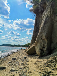 Scenic view of rocks on beach against sky