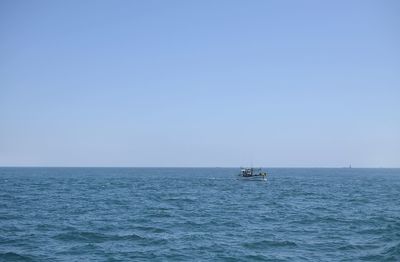 Sailboat sailing in sea against clear sky