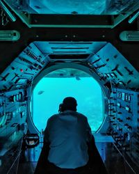 Rear view of woman looking at sea seen through glass