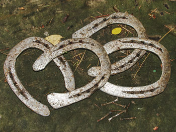 High angle view of old rusty wheel