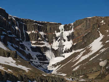 Scenic view of snowcapped mountains against clear sky