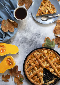 High angle view of breakfast on table