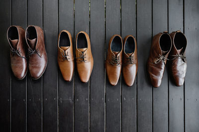 Directly above shot of leather shoes on table