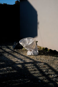 Garbage bin against built structure