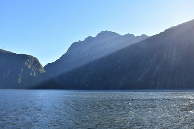 Scenic view of lake and mountains against clear blue sky