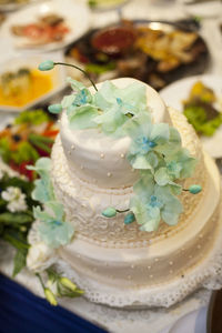 Close-up of cake served on table