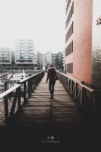 Rear view of man standing on footbridge in city