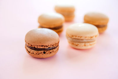 French macarons or macaroons with vanilla, mocha and chocolate flavour on pink background
