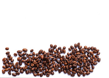 High angle view of coffee beans against white background